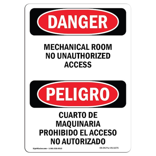 Safety Sign, OSHA Danger, 5" Height, Mechanical Room Unauthorized Spanish, 10PK